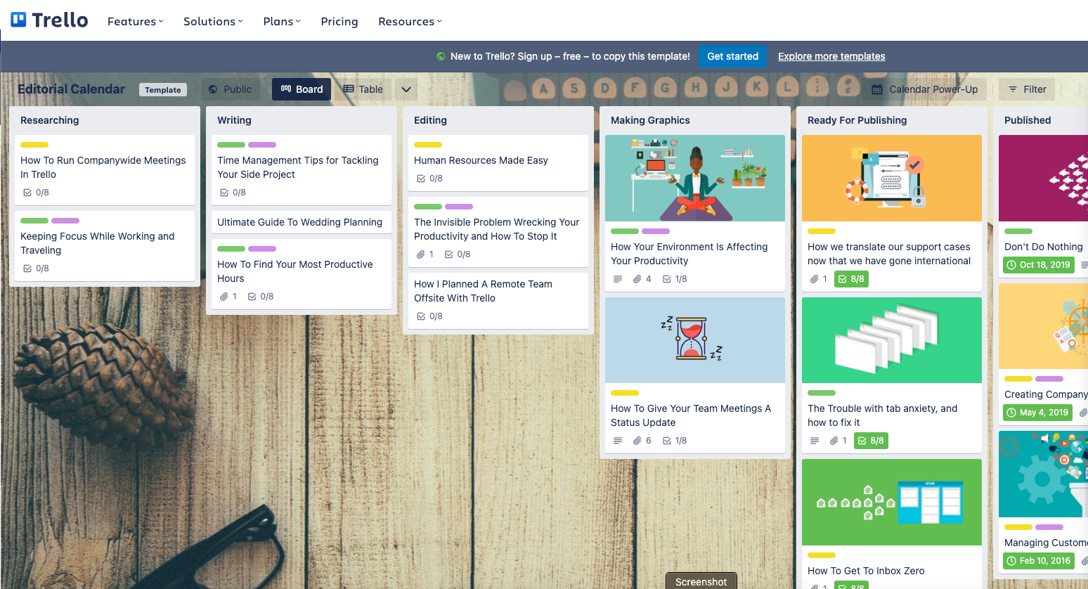 Kanban board for editorial calendar on Trello