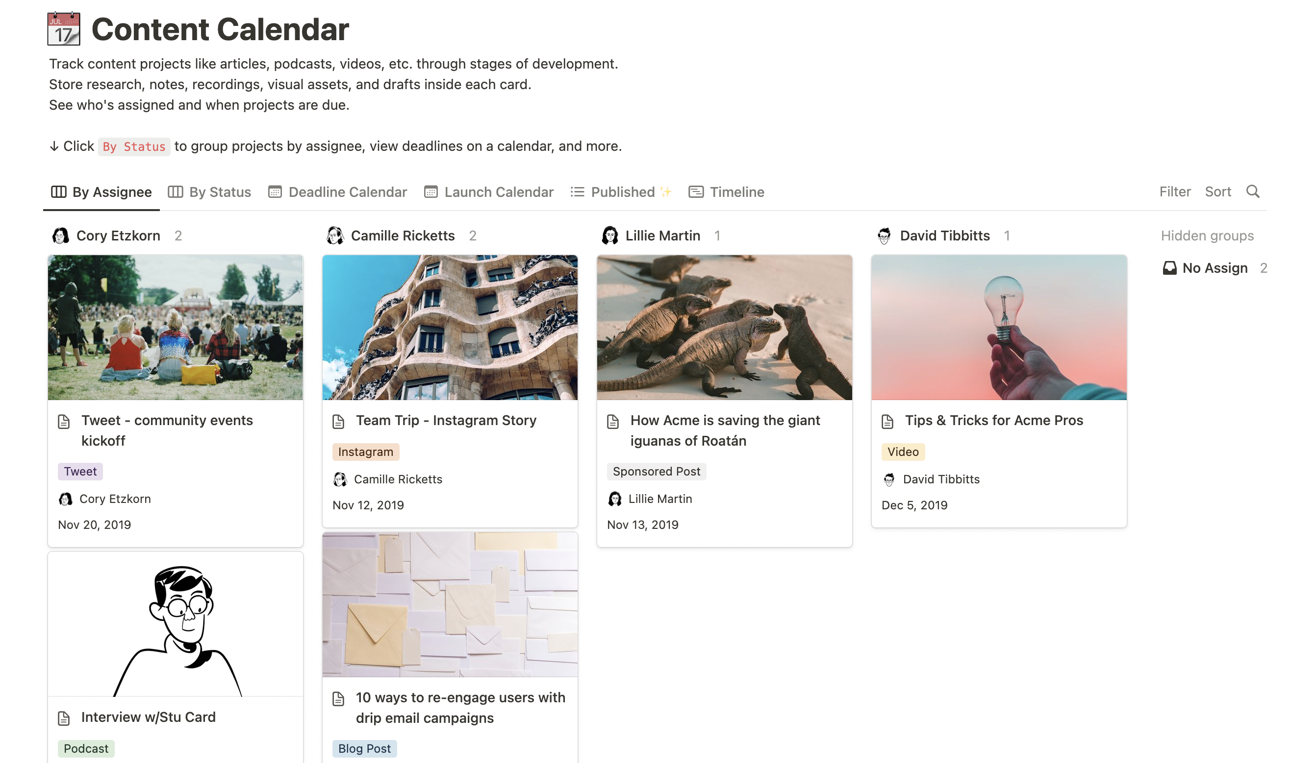 An interactive content calendar template from Notion