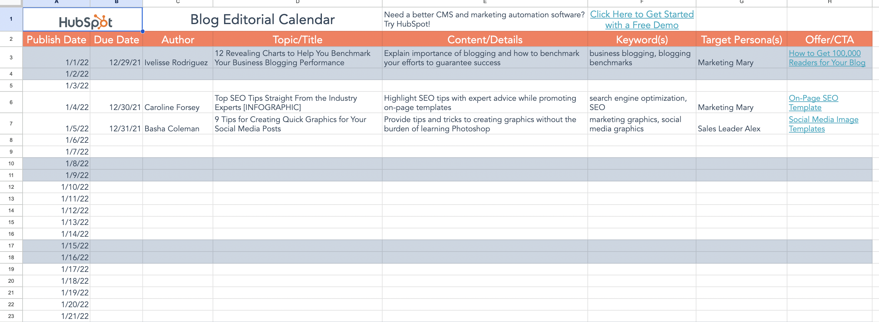 A spreadsheet-based content calendar template by Hubspot which has columns for keywords, authors, deadlines and CTA