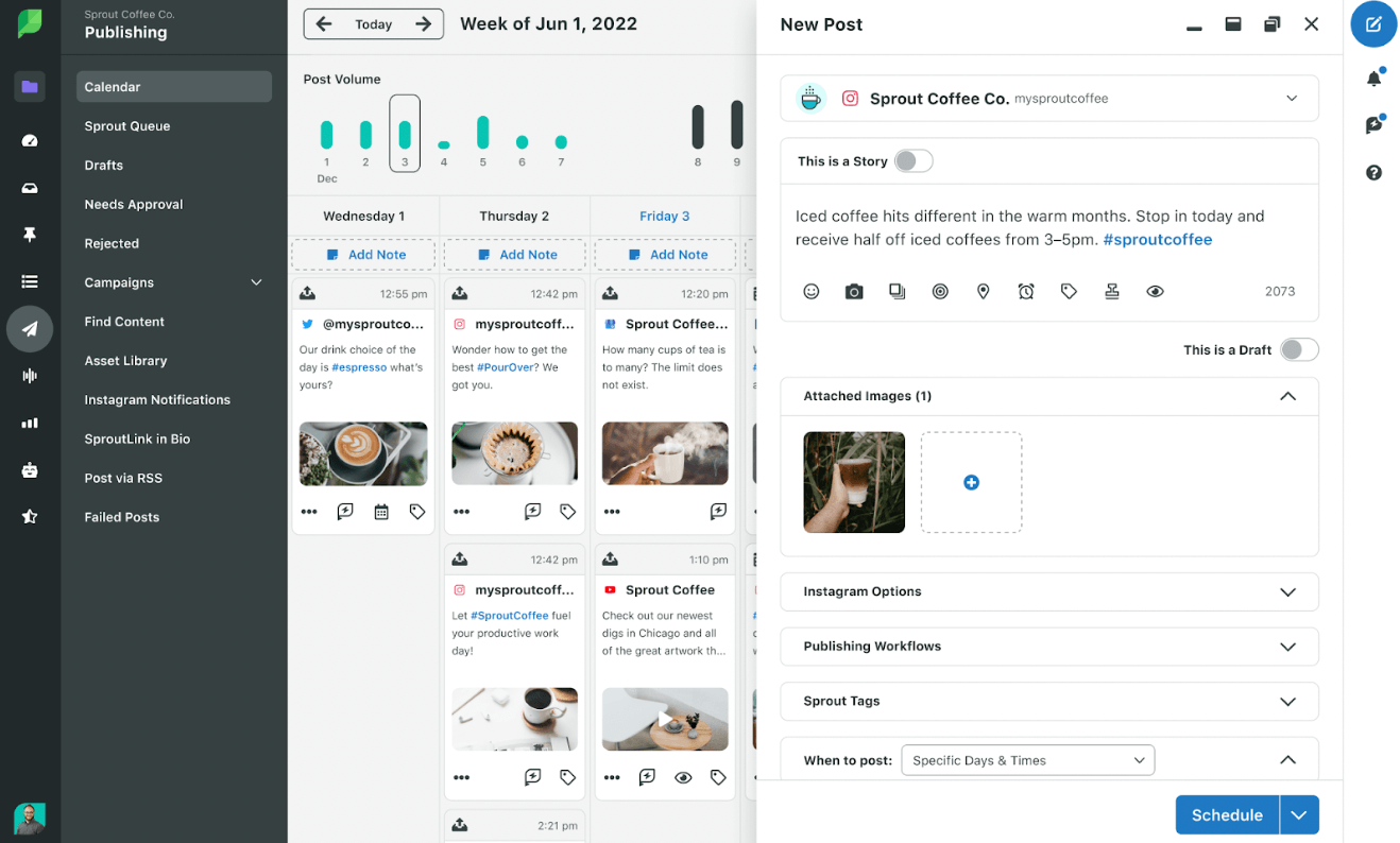 A social media content calendar by Sprout Social that has interactive features