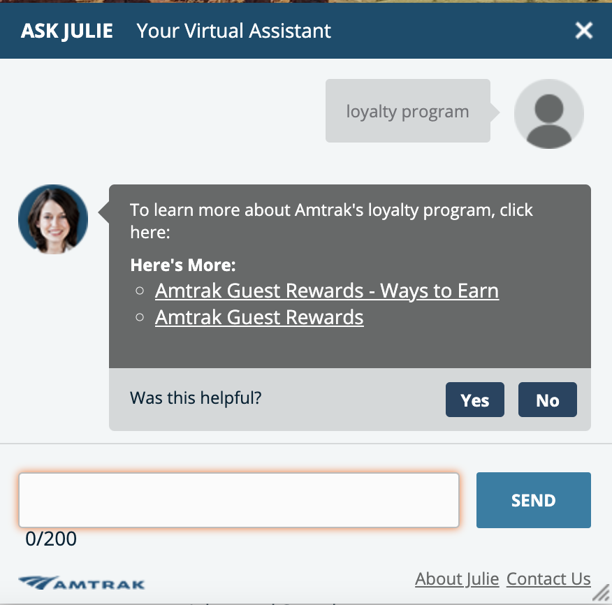 A screen of the exchange between a visitor to the Amtrak website requests to learn more about the loyalty program and Amtrak