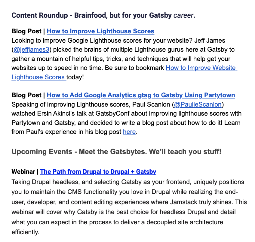 Screenshot of a customer email from Gatsby, highlighting recent blog content and events
