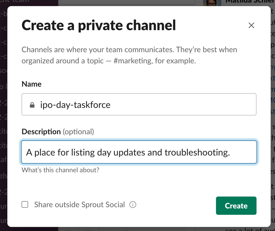 A screenshot of a the Slack channel creation window, displaying the set up of a private channel for IPO-related discussions.