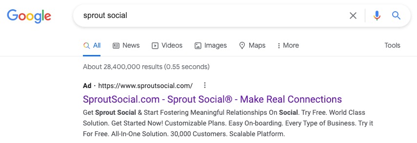 A Google paid search listing for Sprout Social.