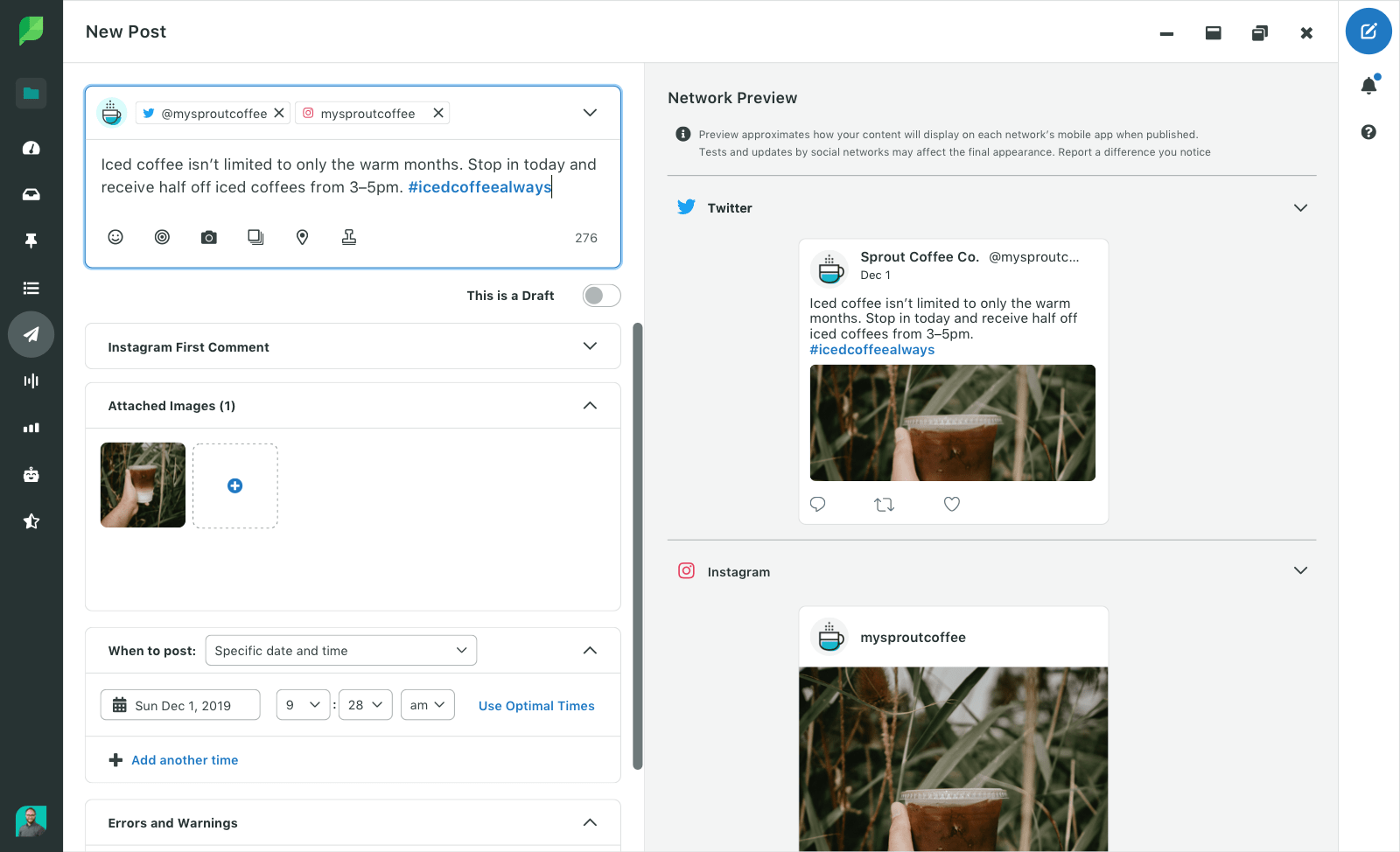 Sprout screenshot showcasing previews of social posts before scheduling.