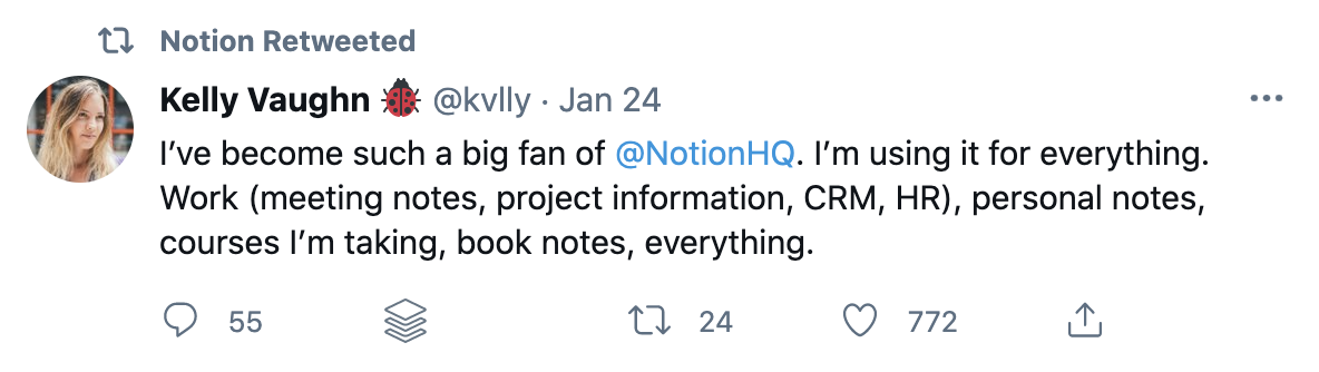 A screenshot of a customer tweeting about their love for Notion.