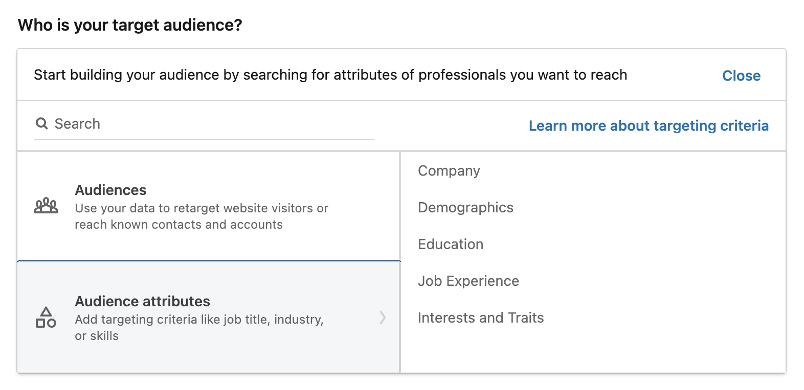 Screenshot of target audience builder in LinkedIn