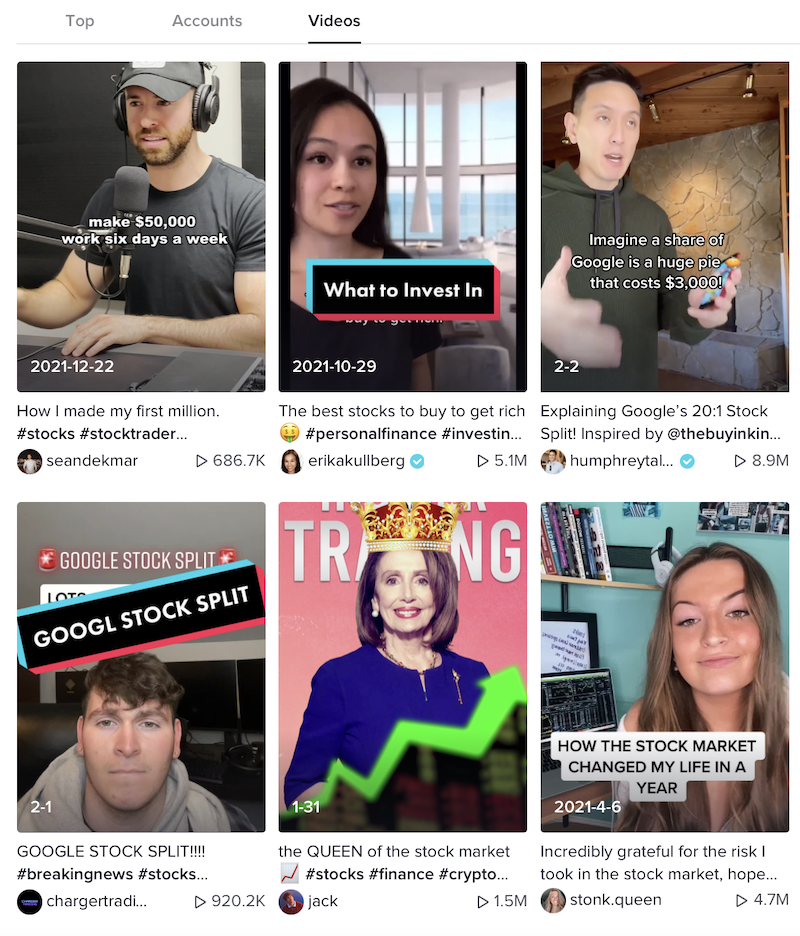 A feed of TikTok videos all about stocks and trading.