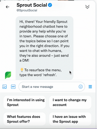 A GIF of a Twitter follower messaging the Sprout Social chatbot on the platform and selecting the "Requesting a Demo" option from the chabot