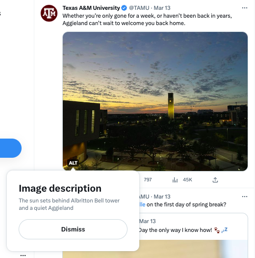 A screenshot of a Tweet from the Texas A&M University Twitter account (@TAMU). The Tweet says “Whether you’re only gone for a week, or haven’t been back in years, Aggieland can’t wait to welcome you back home”. It includes an image of Albritton tower. The alt text says “The sun sets behind Albritton Bell tower and a quiet Aggieland”. 