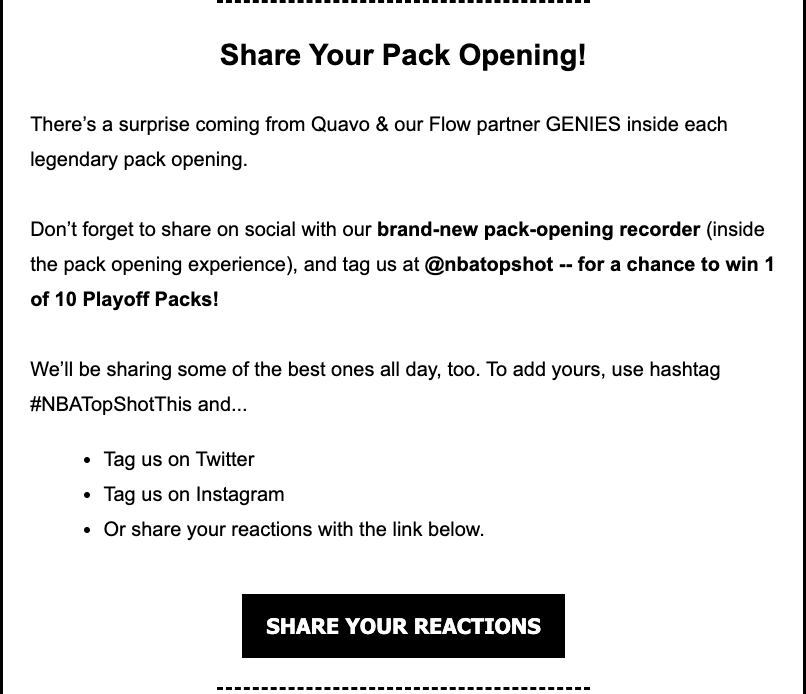 Screenshot of a marketing email from NBA Top Shot, encouraging customers to share their product opening experience on social media