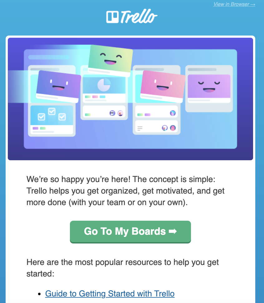 Screenshot of a new customer "welcome" email from Trello