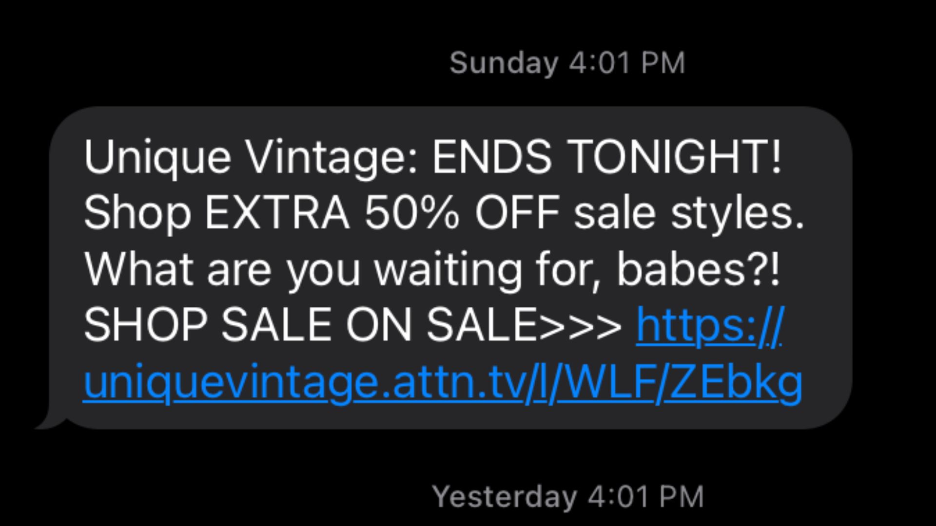 A screenshot of a text message Unique Vintage sent to promote their 50% off sales ending tonight and a link to shop the sale.