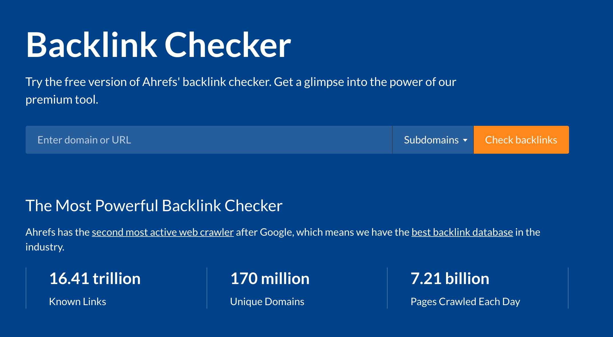 Screenshot of the Ahrefs free backlink checker tool.