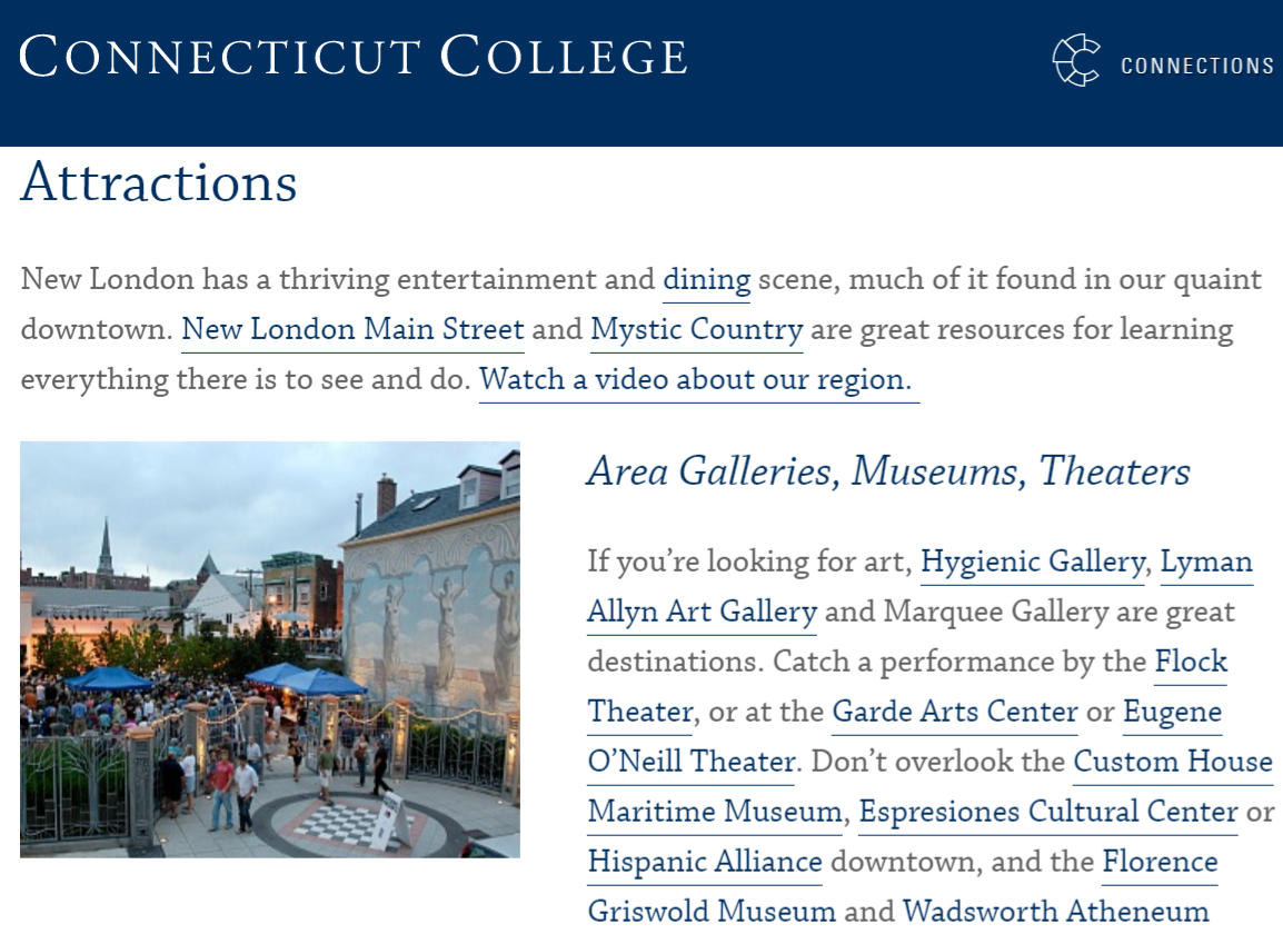 attractions page on the Connecticut College website that links out to local establishments