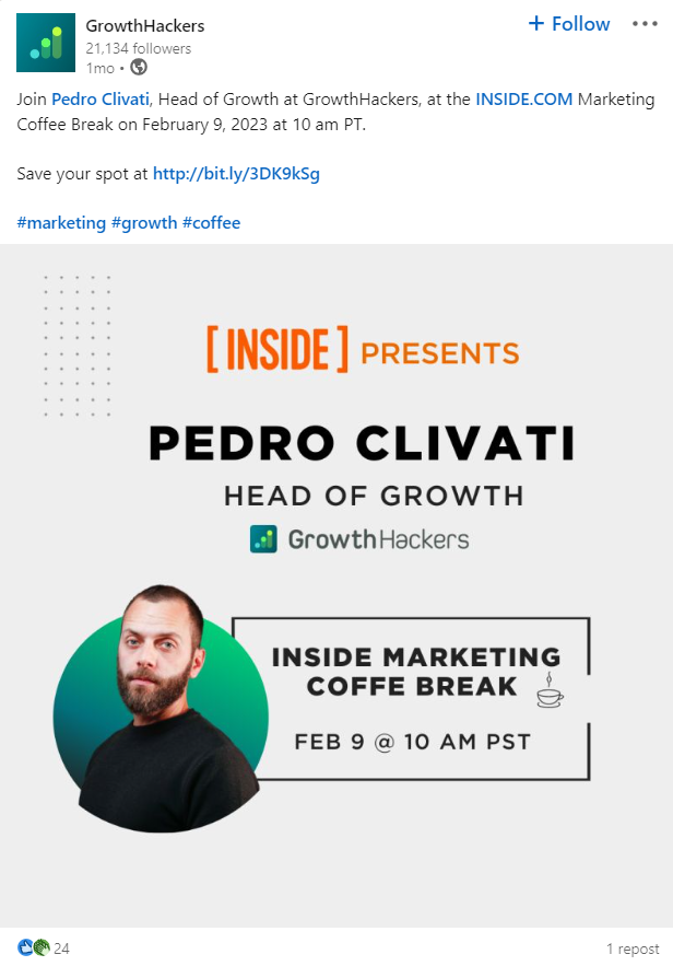 LinkedIn post of Growth Hacker promoting an inside marketing coffee break