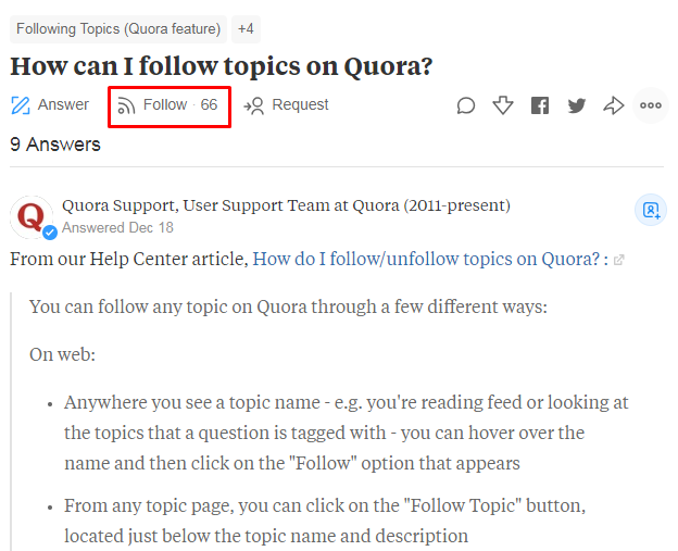 The "Follow" button on Quora