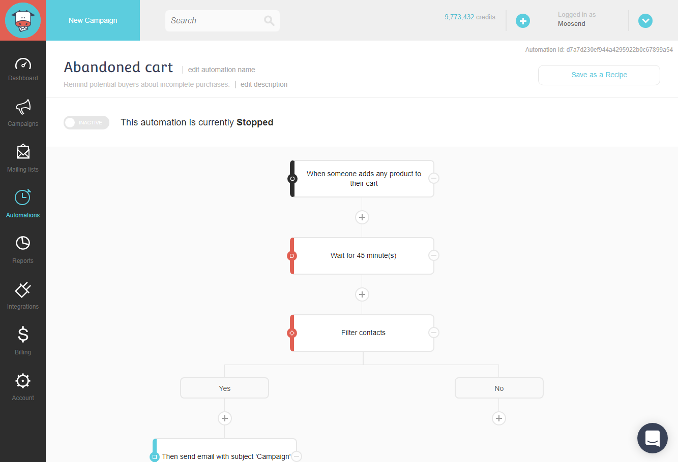 moosend abandon cart dashboard