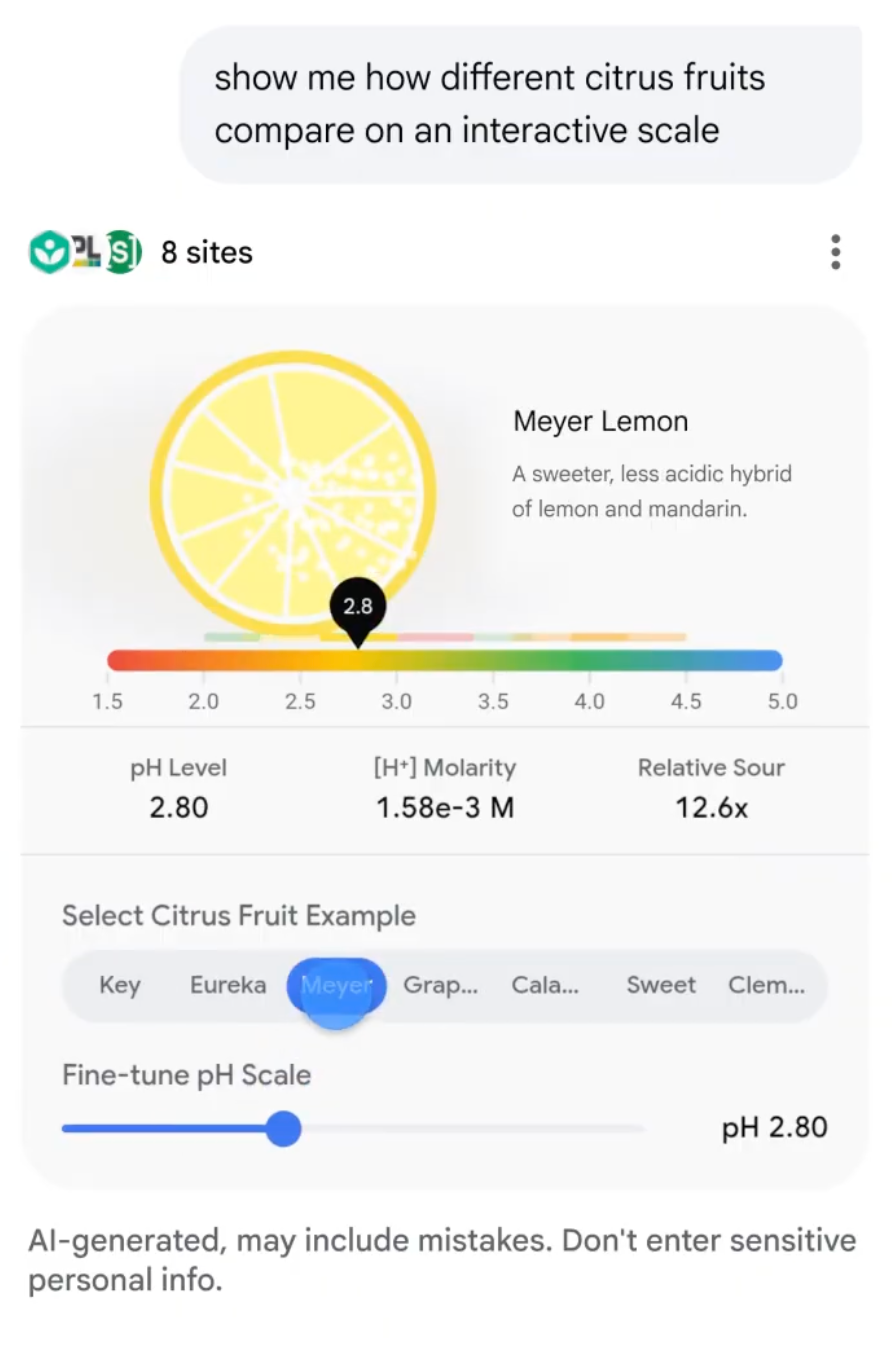 Google generative UI comparing citrus fruits on an interactive pH scale