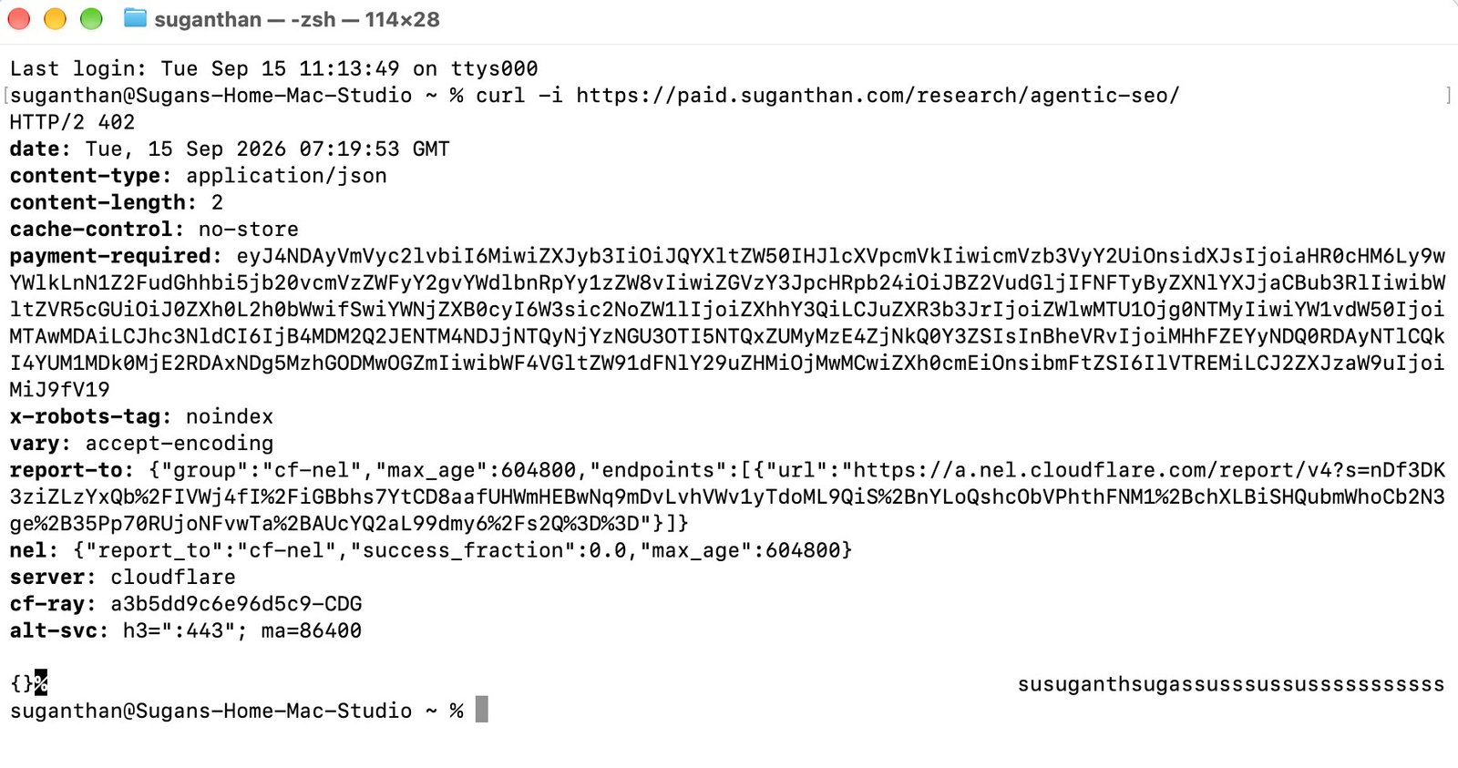 curl -i on the priced URL returning HTTP/2 402 with the payment-required header